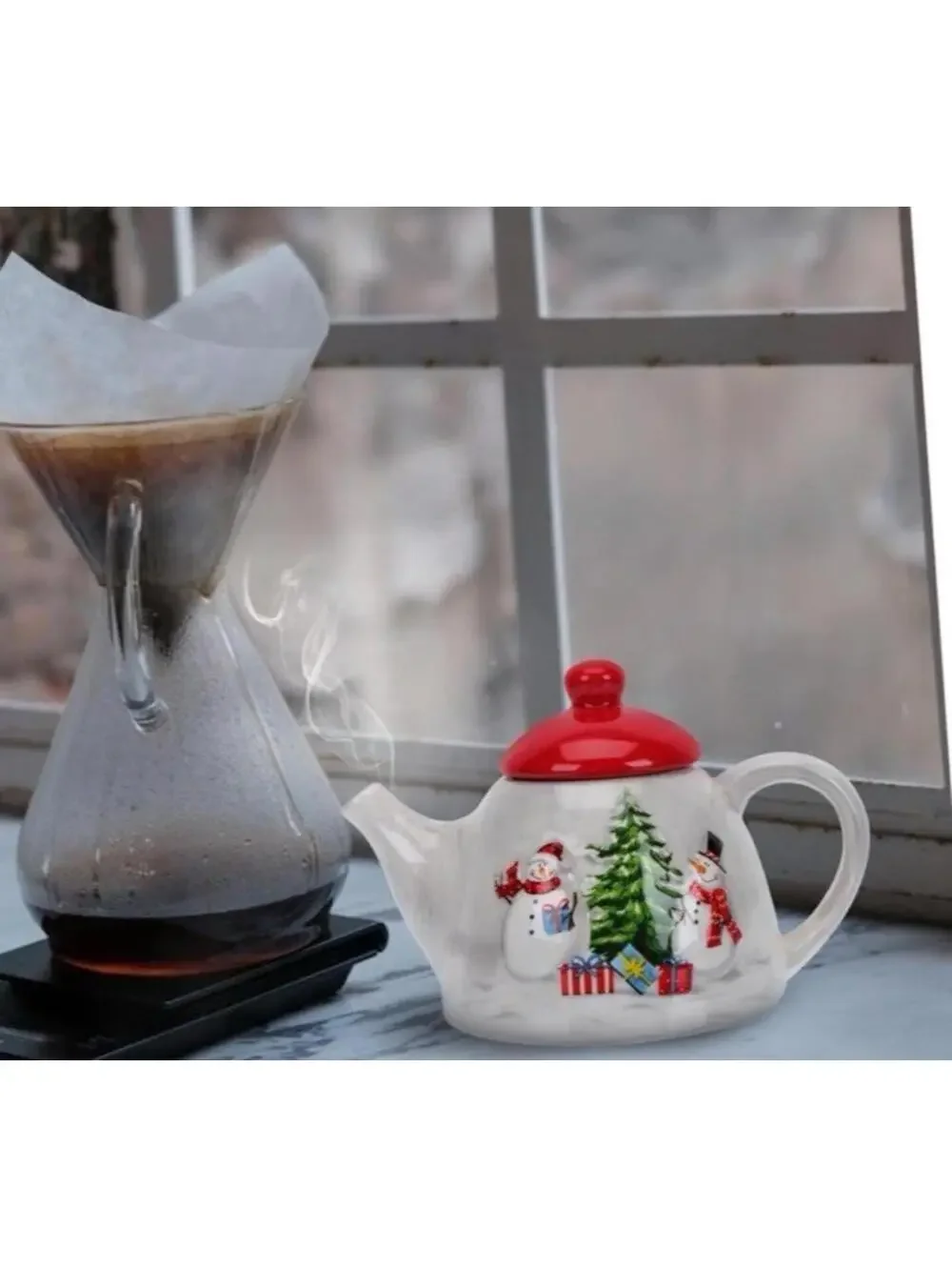 Christmas Ceramic Teapot Milk Pitcher Snowman Holiday Tea Pot Red Lid New
